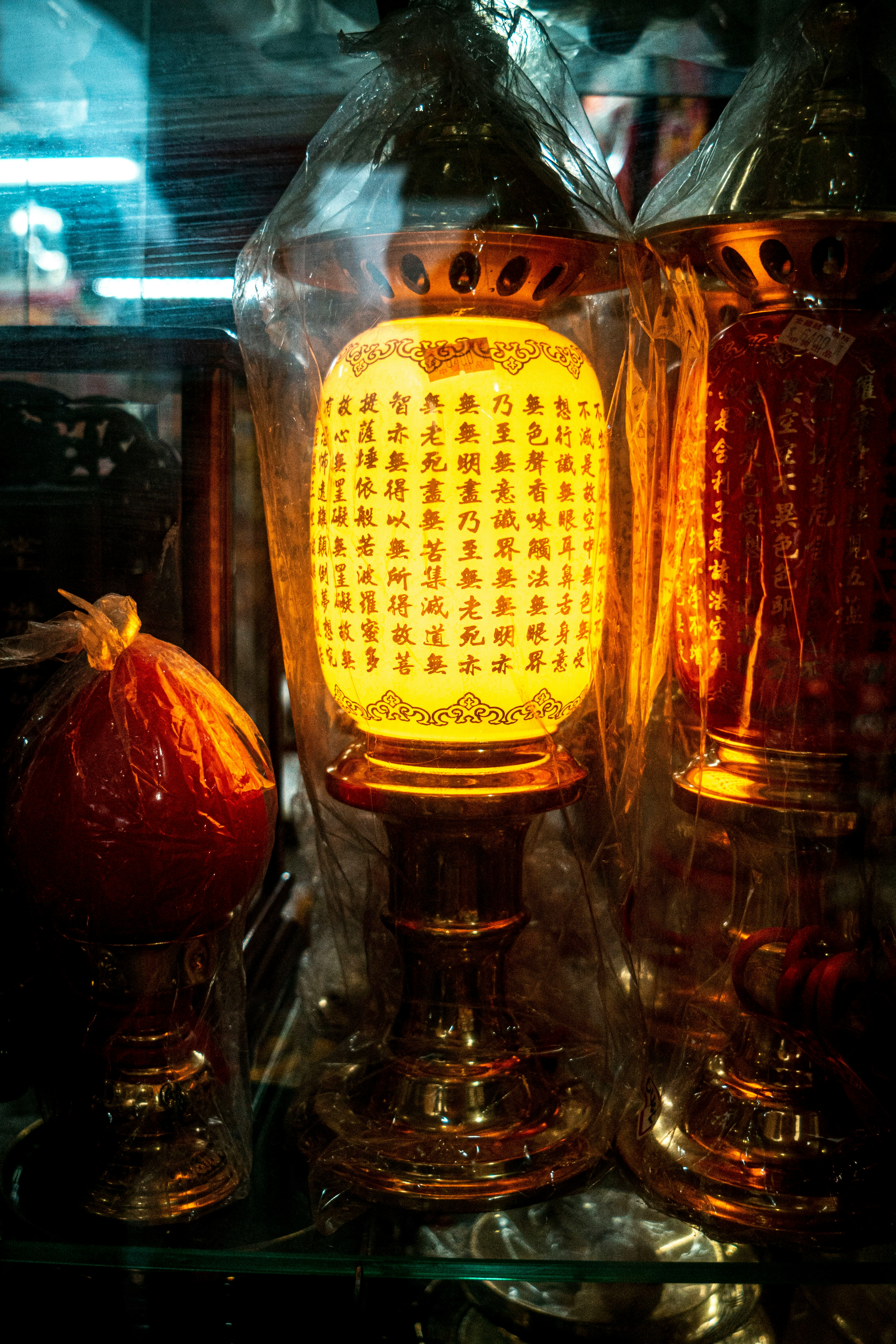 red and yellow glass bottle